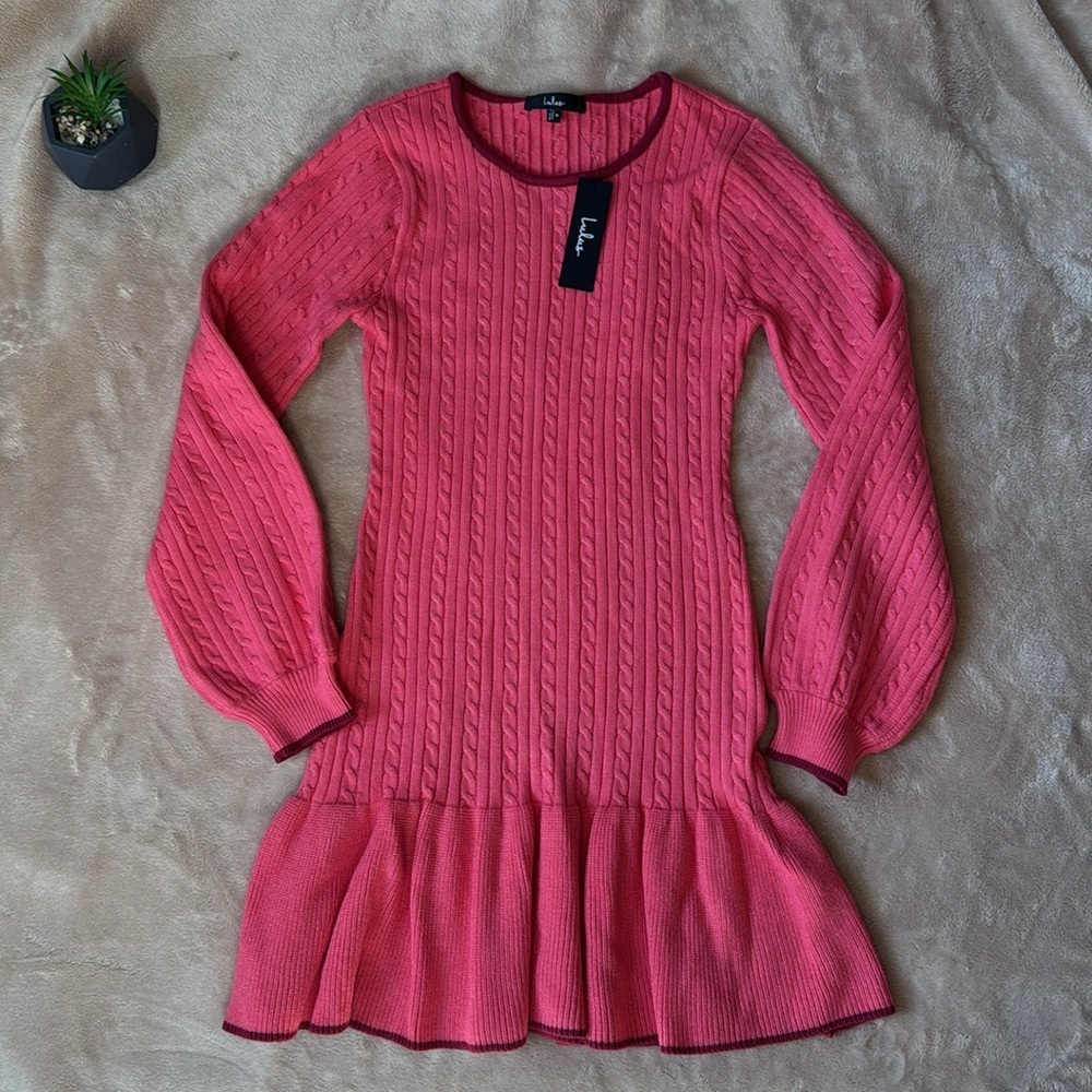 NWT Lulus Coziest Poise Pink Cable Knit Long Sleeve Sweater Mini Dress size M - Picture 2 of 15